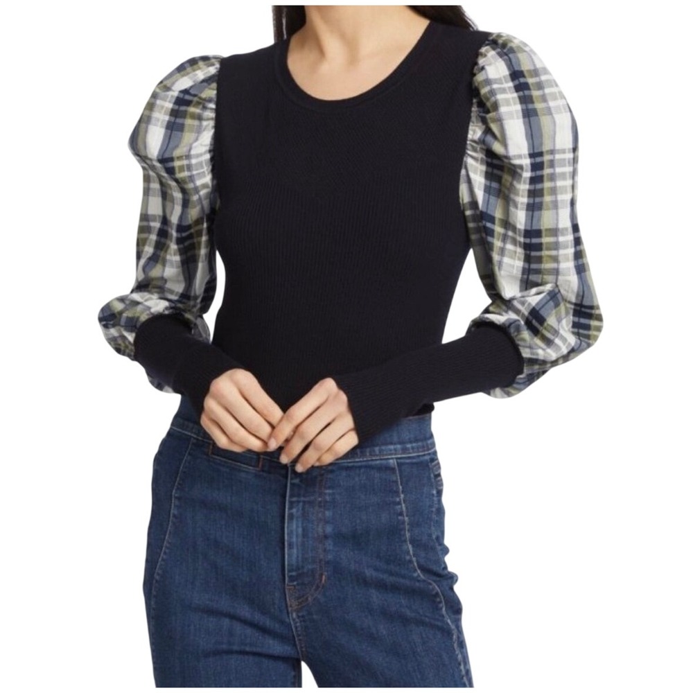 VERONICA BEARD Leila Wool Rib\-Knit Plaid Puff Sleeve Sweater Size M